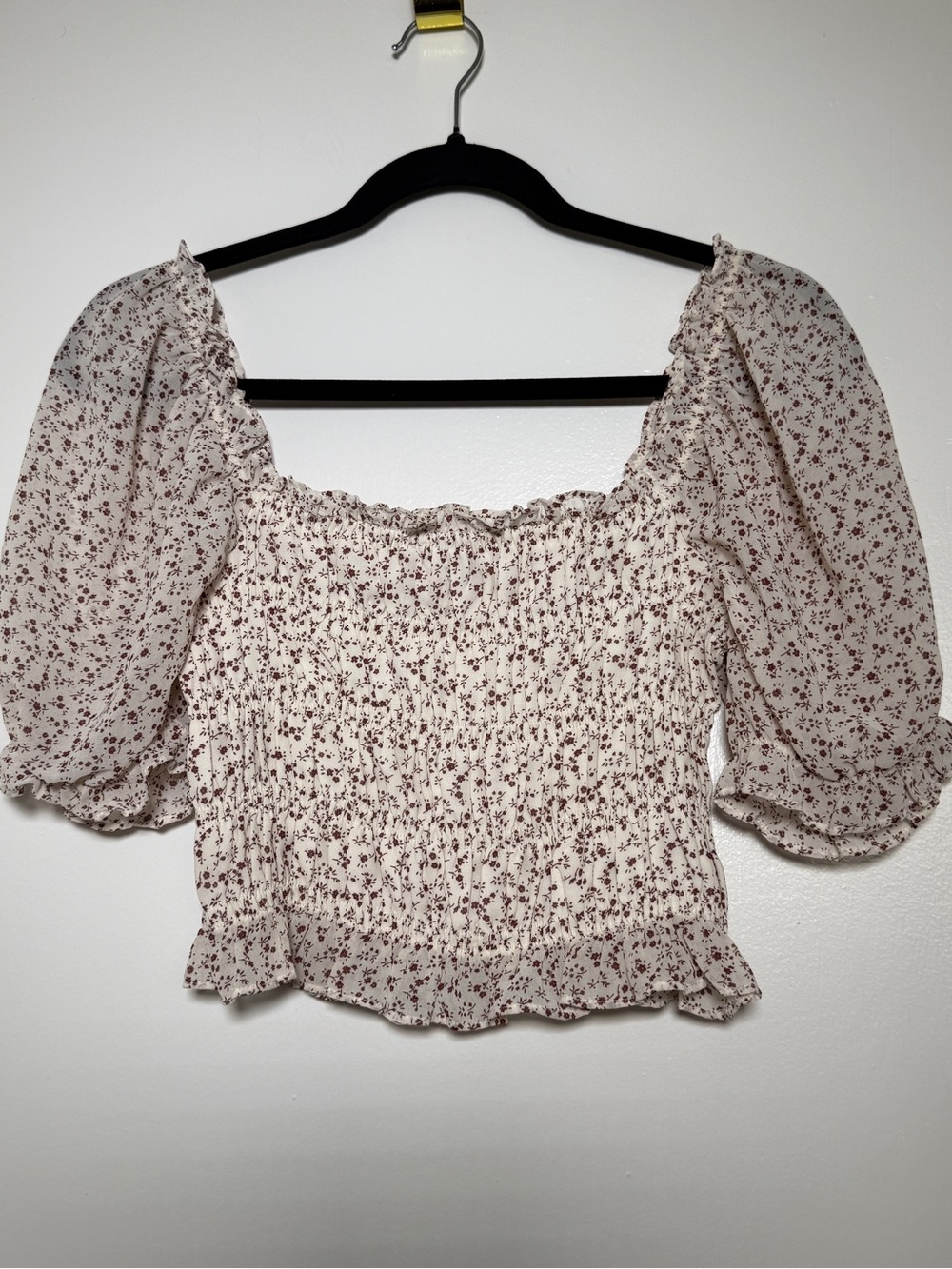 Cotton Candy Cream Crop Top with Brown Floral Print Medium Festival